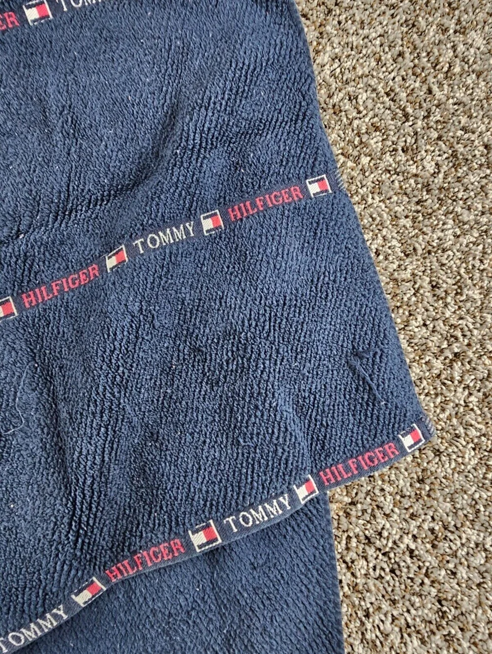 Vtg Y2K Tommy Hilfiger beach towel featuring a Navy Blue stripe design
